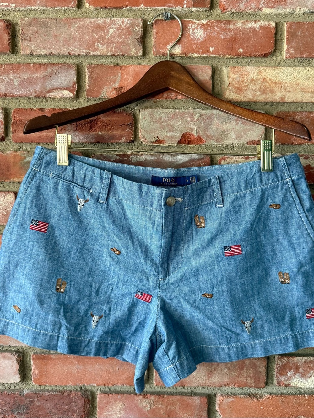 Ralph Lauren Blue Embroidered Flag & Motif High Waist Women’s Shorts